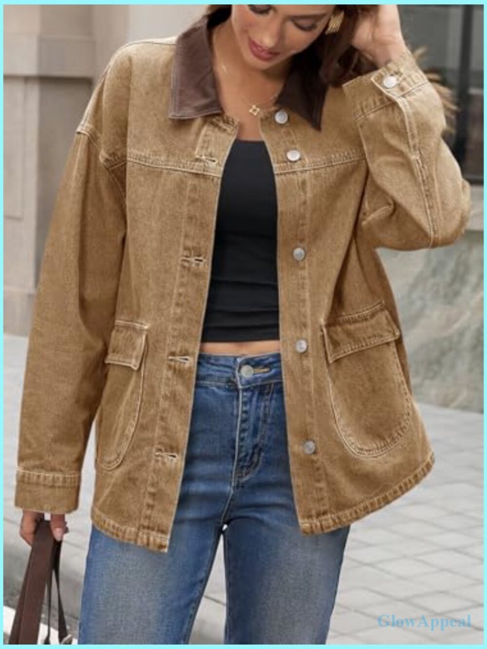 Oversized Denim Jacket Contrast Canvas Collar Button Down with Pockets - Picture 6 of 6